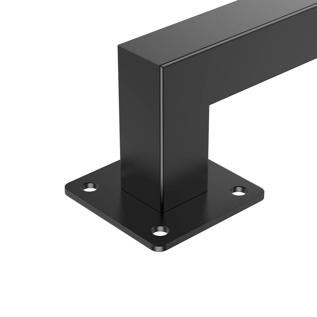Black iron stair handrail wall bracket with square tube base plate and mounting holes