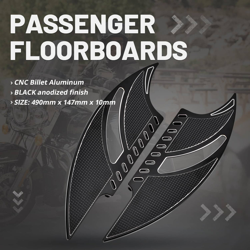 Motorcycle floorboards pair, black textured pads with silver trim and mounting holes