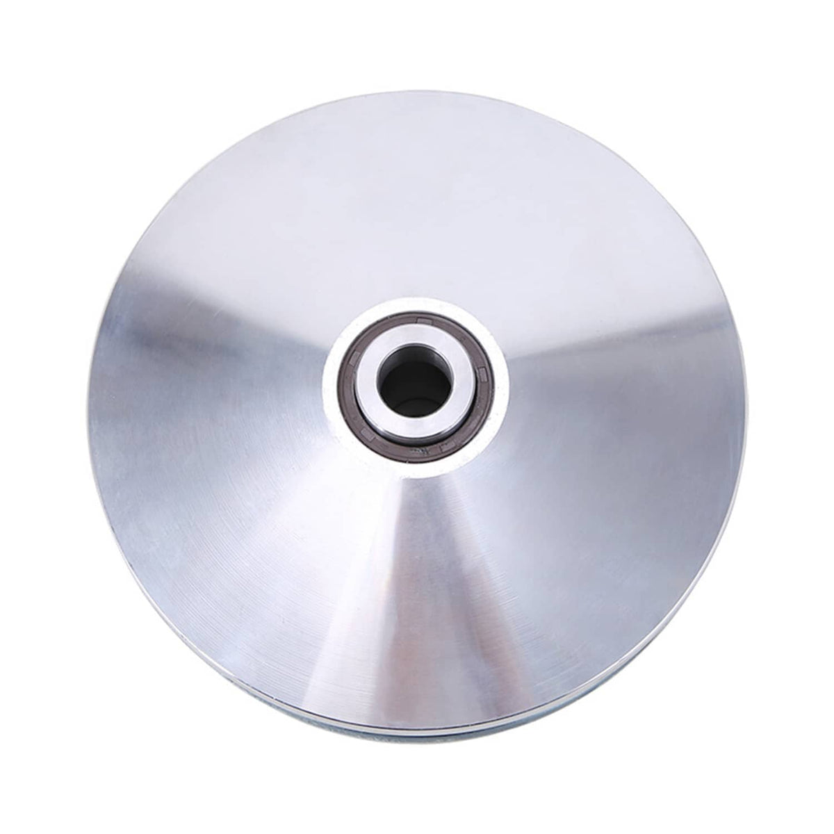 Silver sliding sheave pulley with center bearing hole and smooth radial spokes