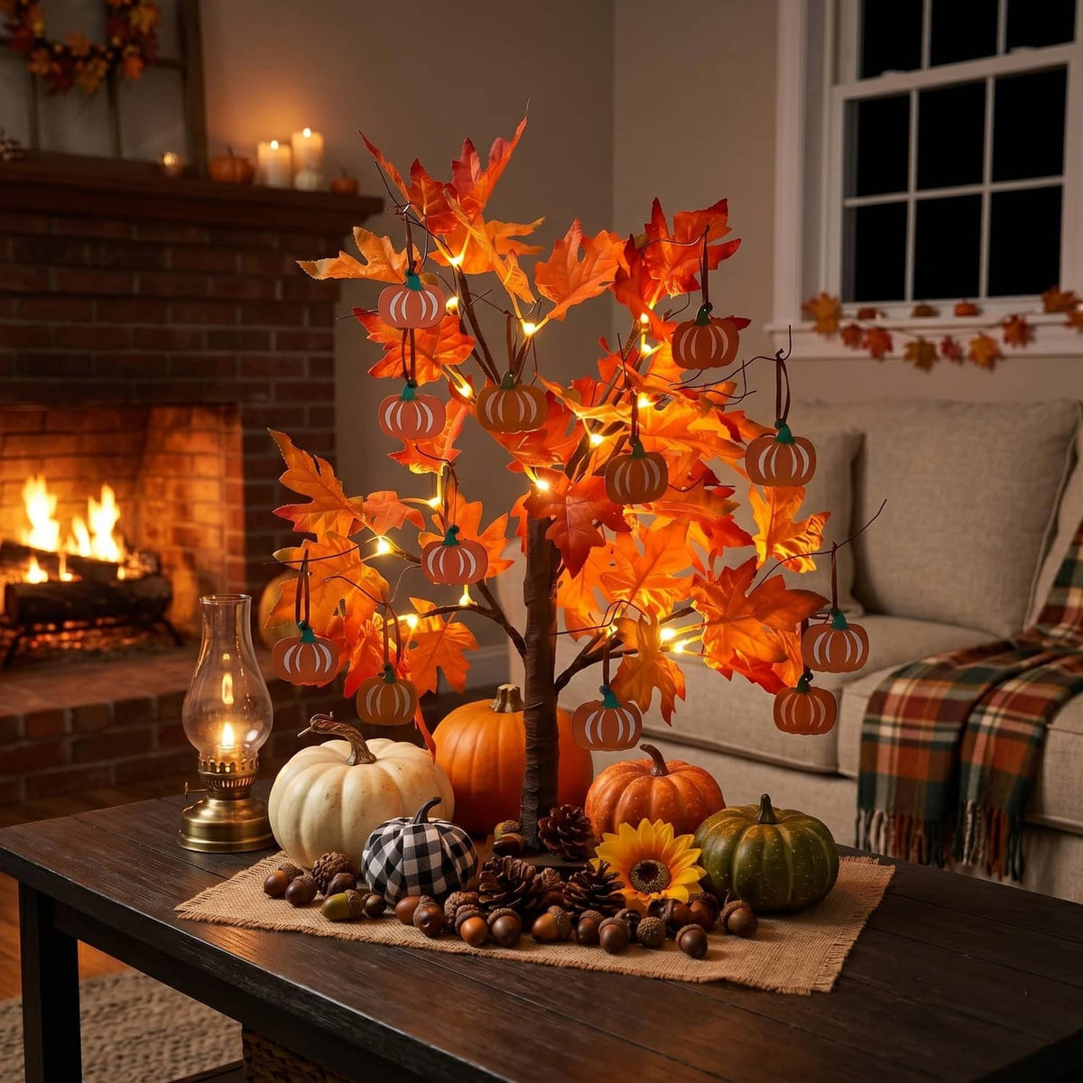Tabletop fall tree decoration with orange leaves, warm LED lights, and dangling pumpkin ornaments