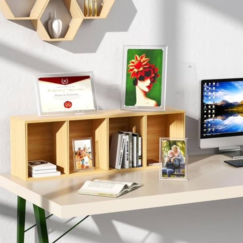Clear acrylic 5x7 picture frame with easel stand on shelf