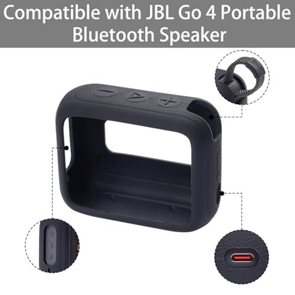 Black silicone speaker case with strap loop and molded cutout design
