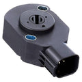 Dark gray throttle position sensor with blue label, electrical plug, and mounting tabs