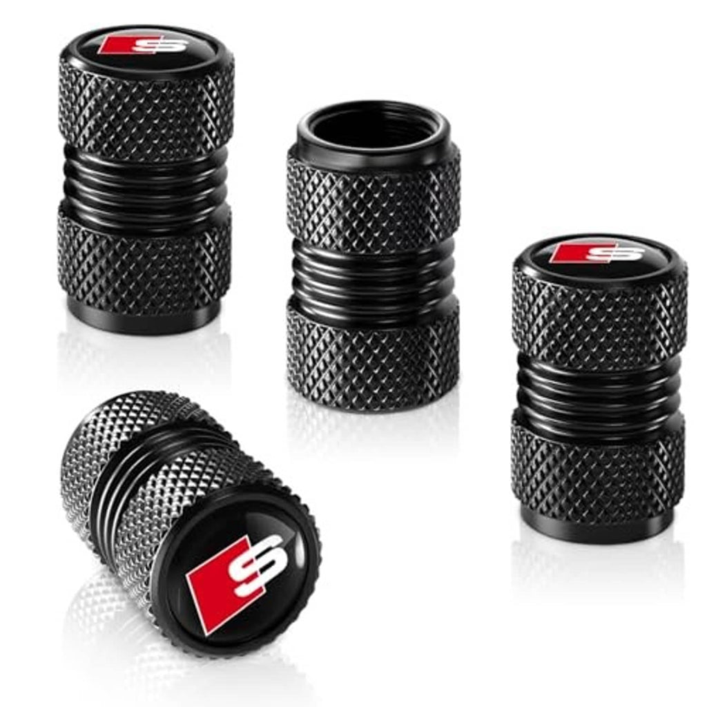 Black tire valve stem cap set with textured knurling and red S emblem on top