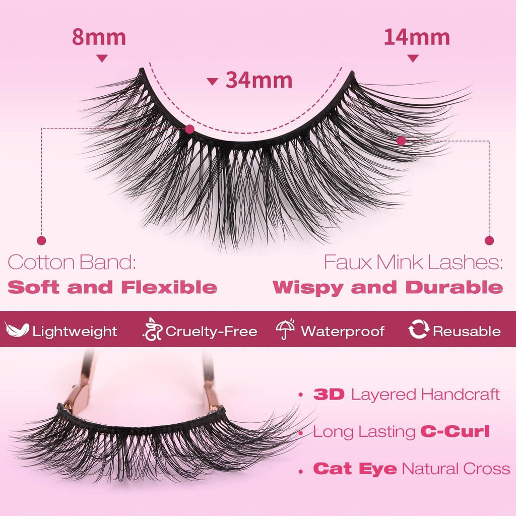 Black faux mink false lash strip with curved, layered wisps