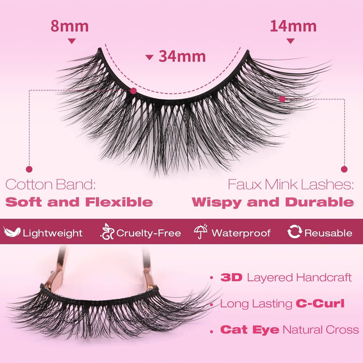 Black faux mink false lash strip with curved, layered wisps