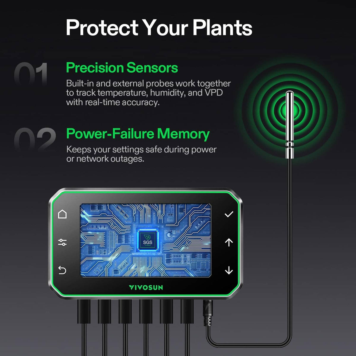 Black smart grow tent controller with color screen and connected sensor probe cables