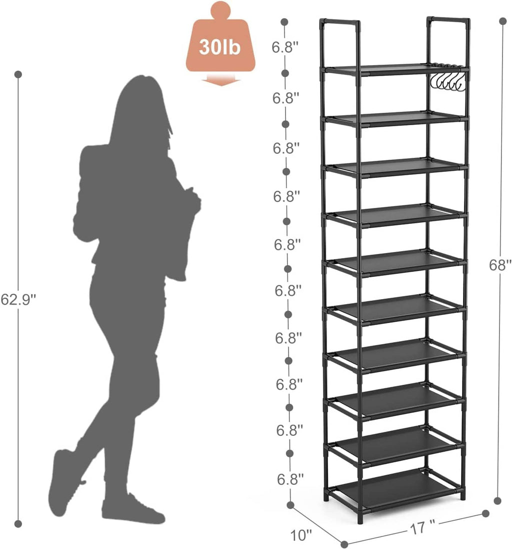 Tall black shoe rack with numbered height layout and weight indicator diagram