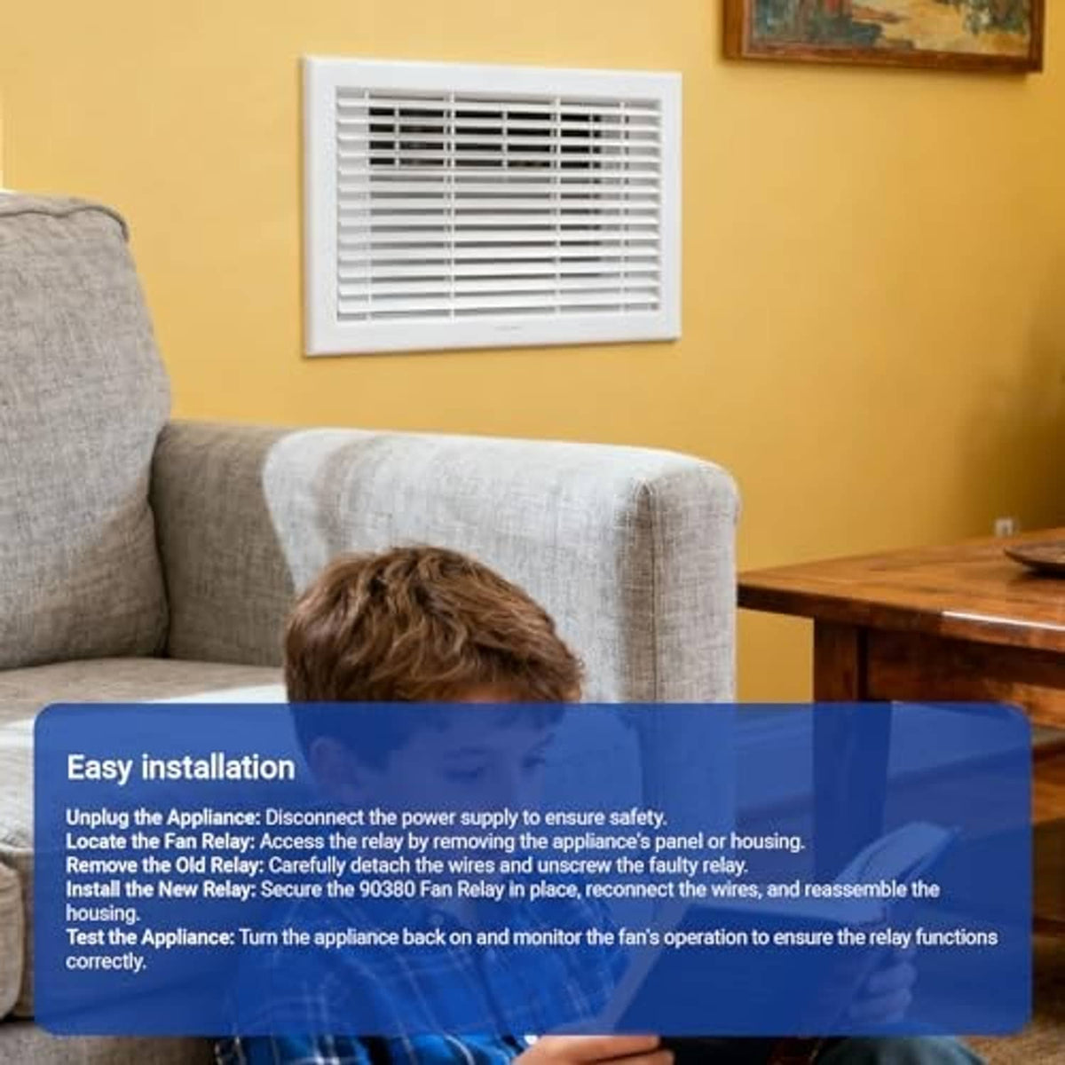 Fan relay installation guide with wiring and mounting instructions overlay
