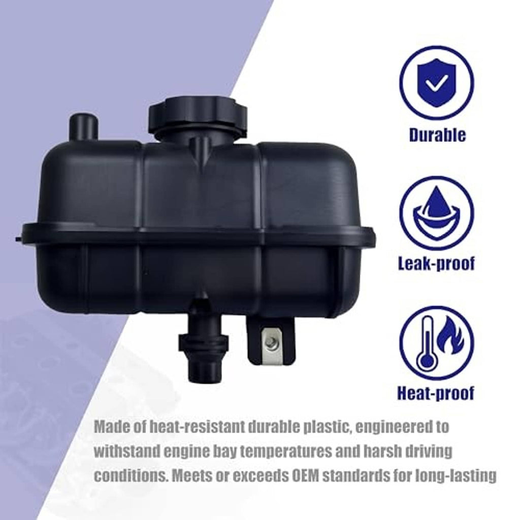 Coolant reservoir tank with cap, black plastic heat-resistant design