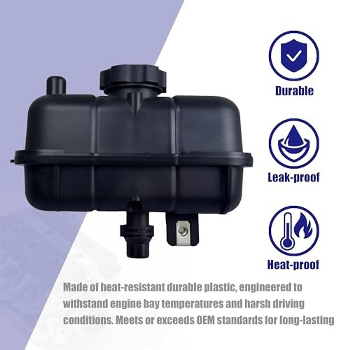 Coolant reservoir tank with cap, black plastic heat-resistant design