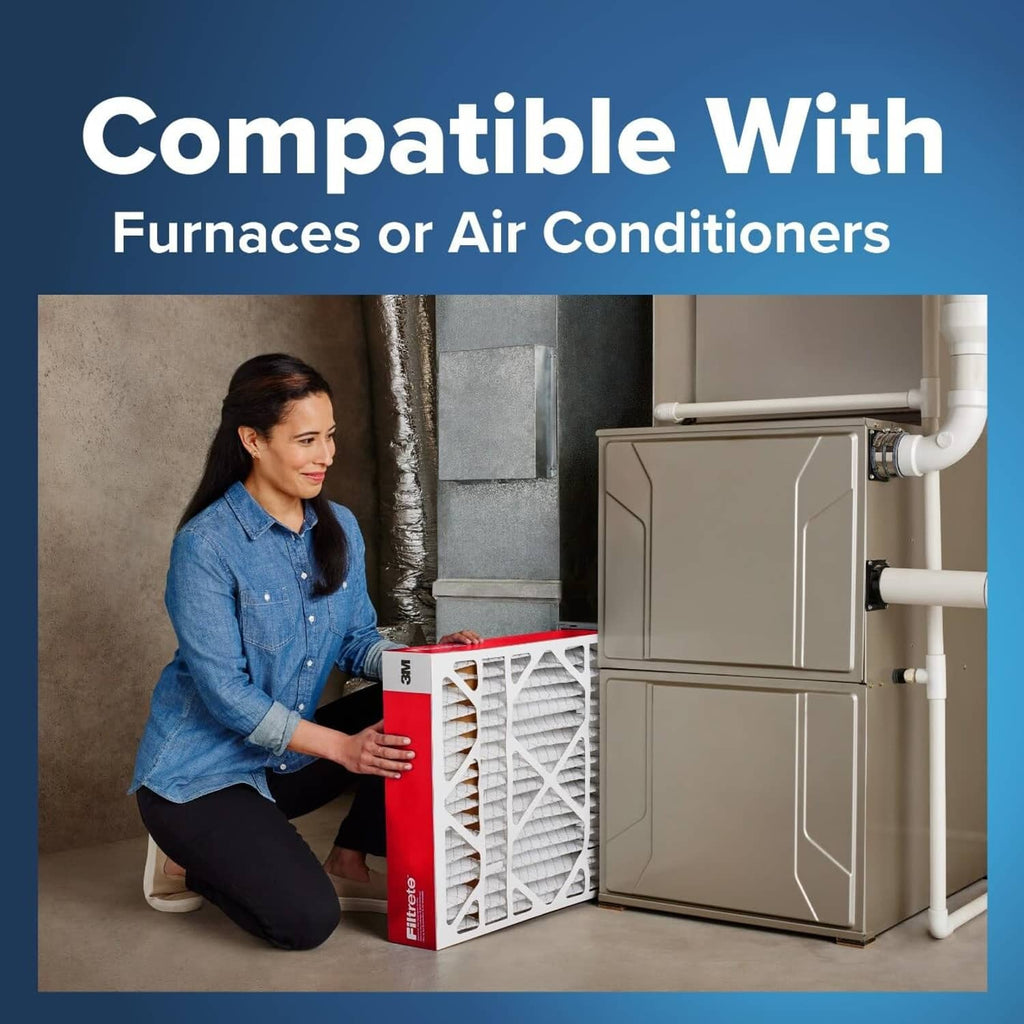 White pleated air filter in box with furnace installation context