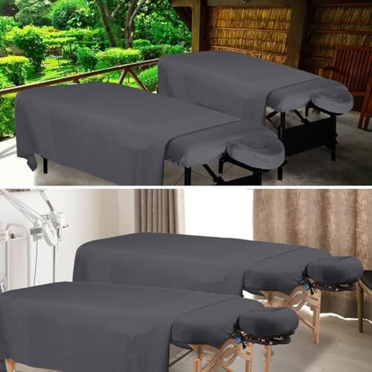 Gray massage table sheet set with face rest pad on a massage table
