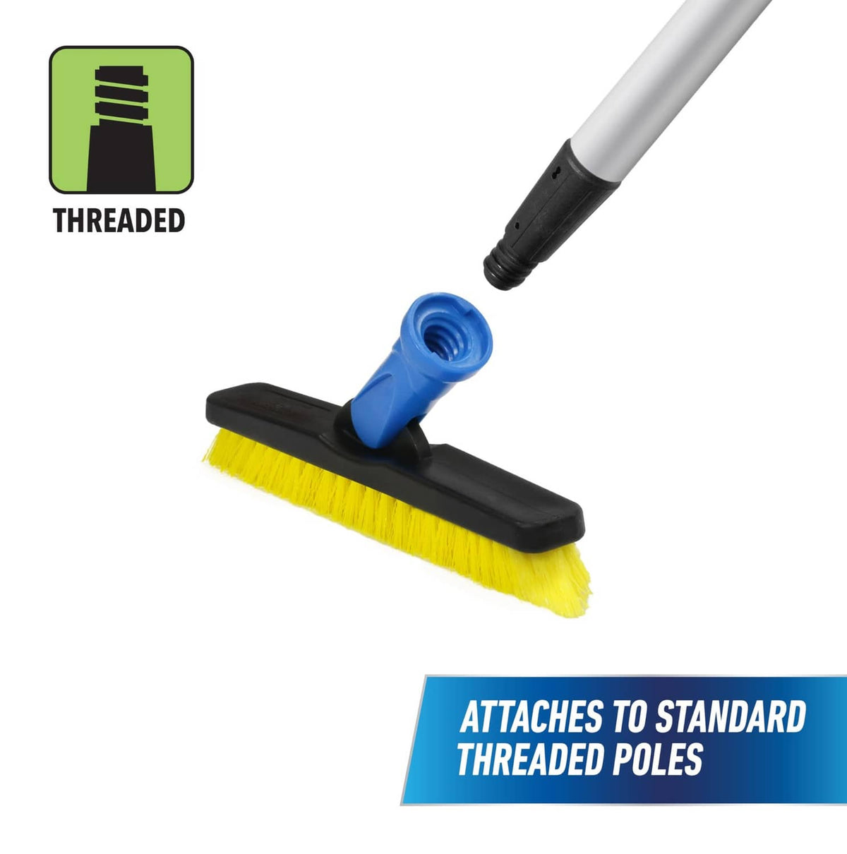 Threaded swivel grout brush attaches to standard threaded poles, yellow bristles