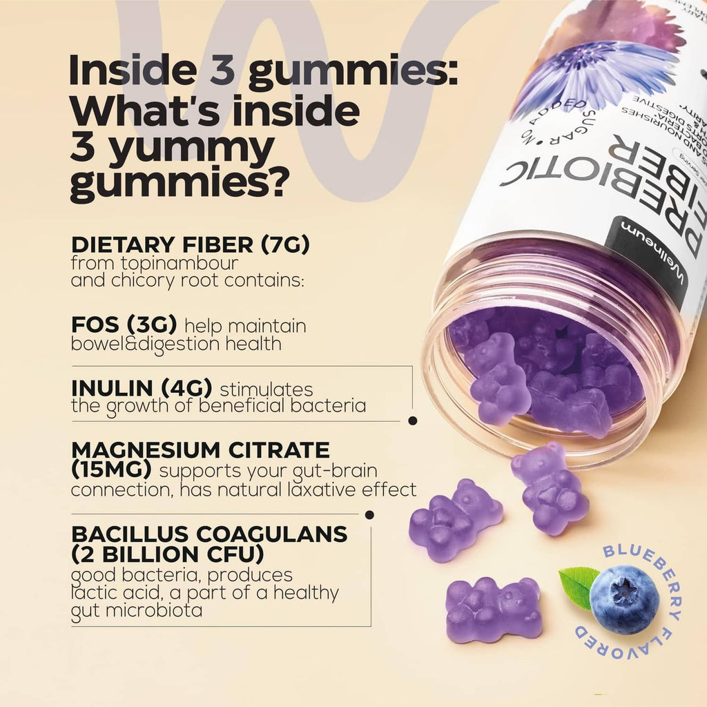 Jar of purple prebiotic fiber gummies with blueberry label, gummy shapes inside