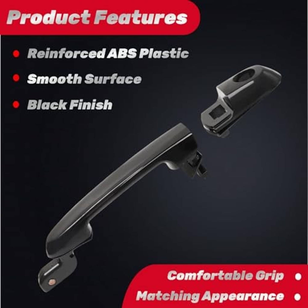Black door handle with keyhole opening and mounting base, product features graphic