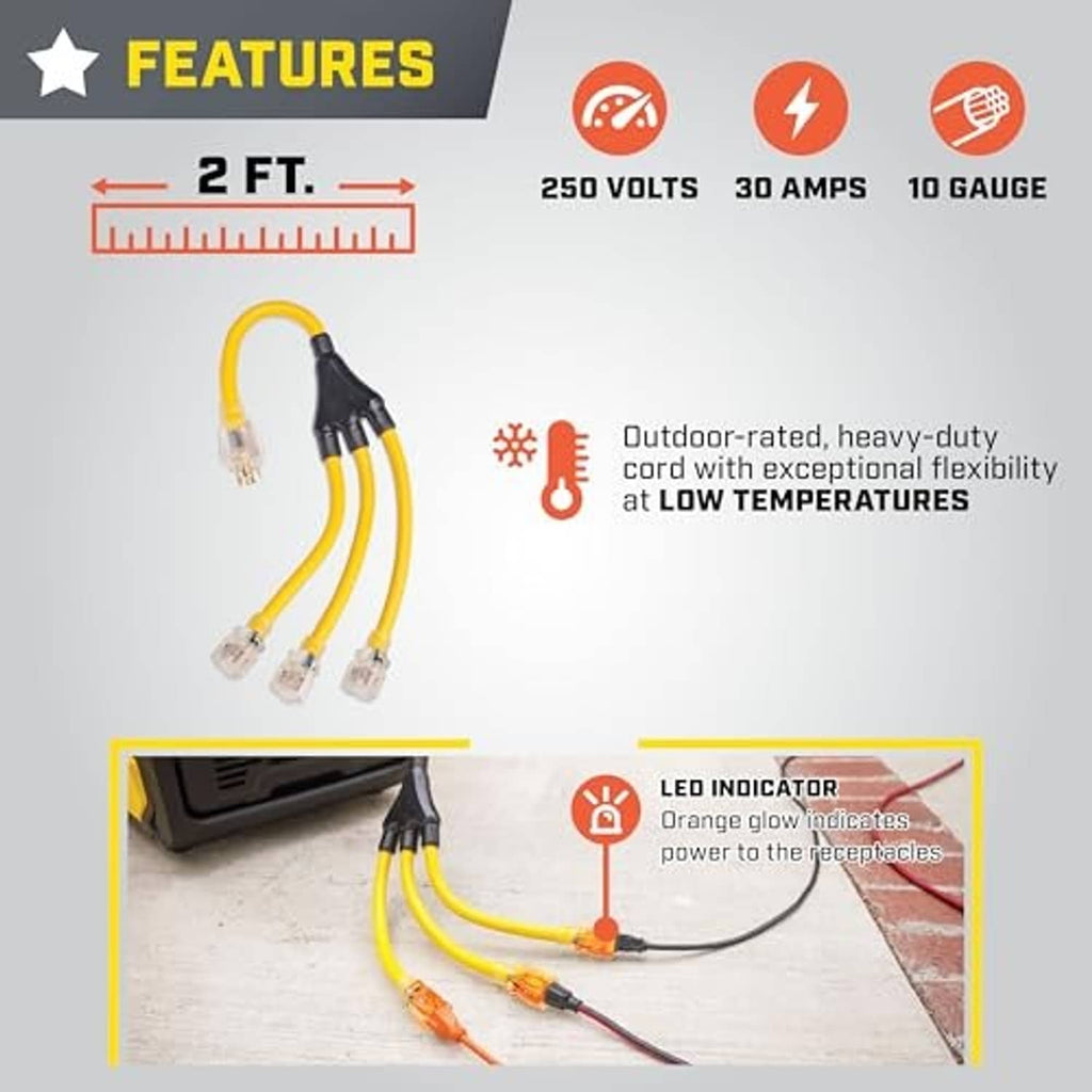 2 ft 30A 250V 10-gauge generator adapter cord, yellow with black plug