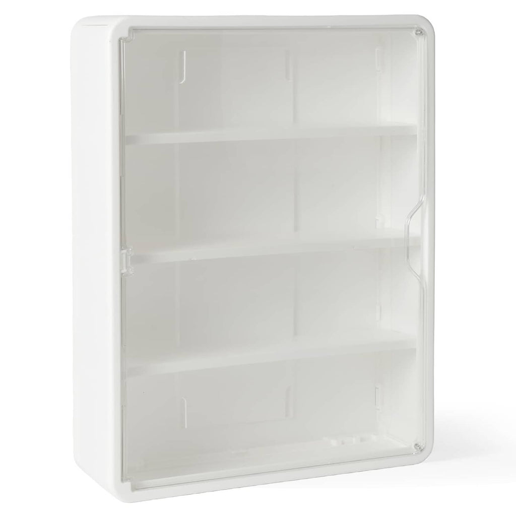 Wall-mounted clear display case with white frame and four interior tiers