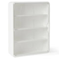 Wall-mounted clear display case with white frame and four interior tiers