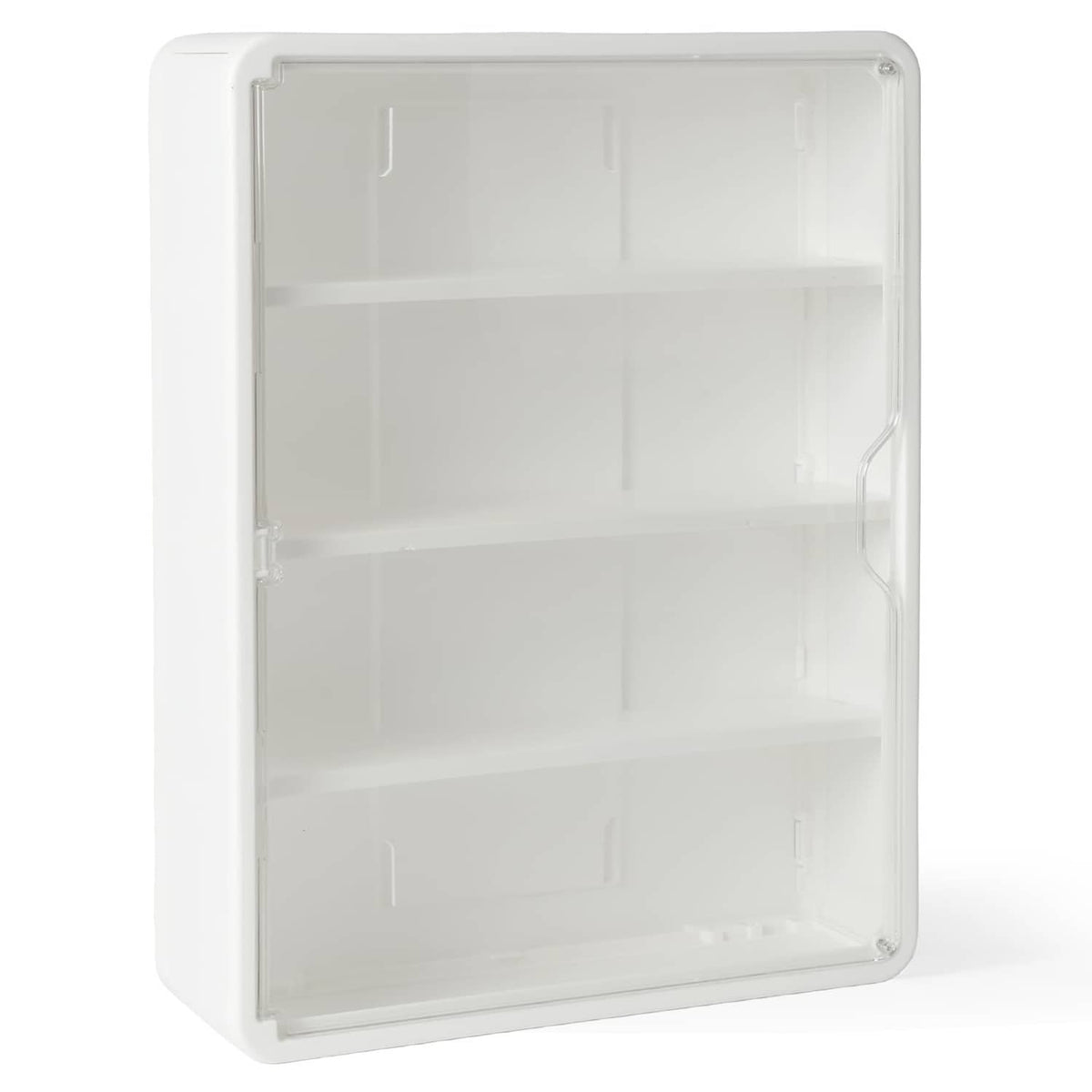 Wall-mounted clear display case with white frame and four interior tiers