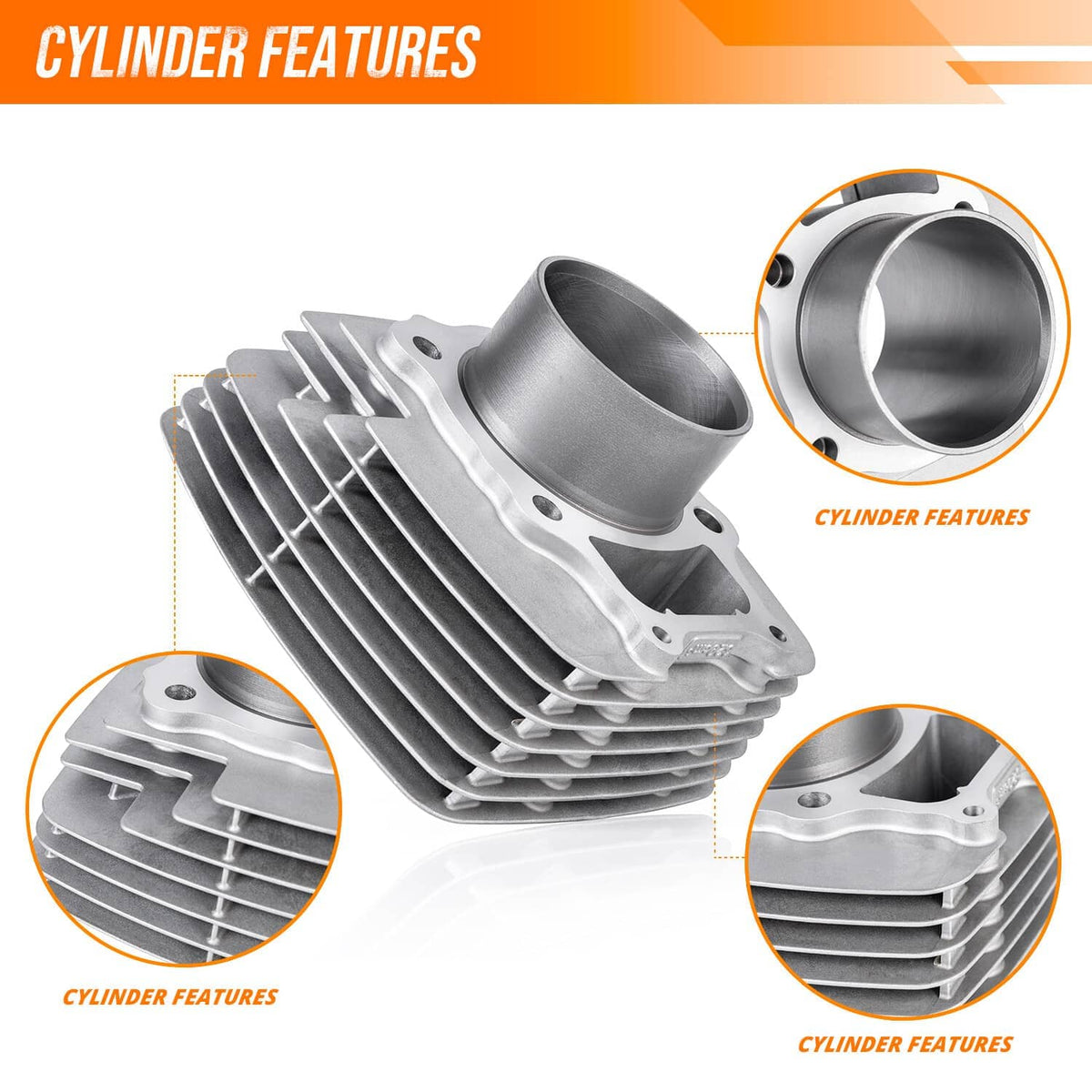 ATV cylinder features view with finned cylinder and inset detail of bore area