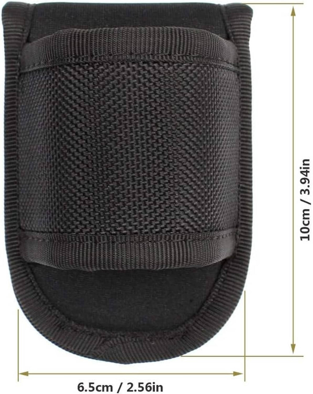 Black compact flashlight pouch with open top and front strap panel