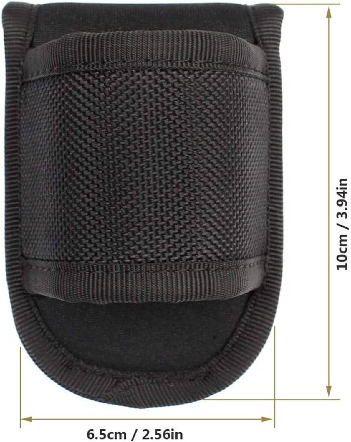 Black compact flashlight pouch with open top and front strap panel