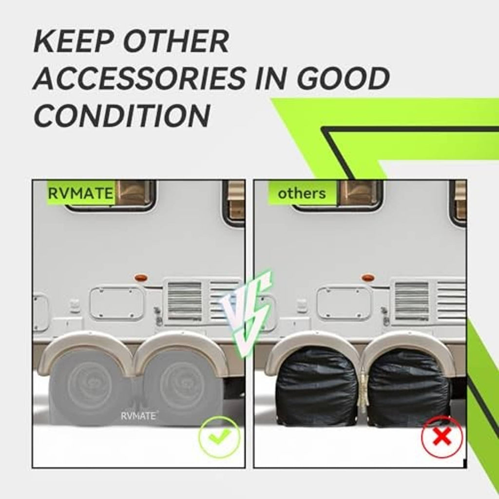 Dual axle tire covers keeping RV wheels protected, left covered right uncovered