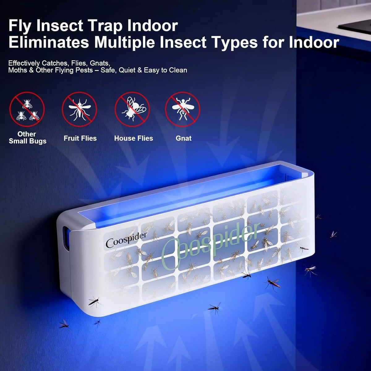 White enclosed wall fly light trap with glowing UV grid catcher and clear front