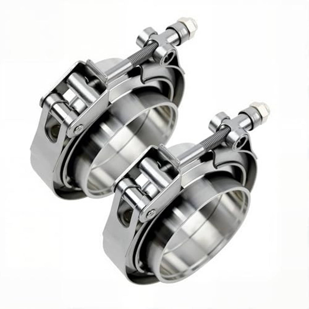 Stainless steel V-band clamp assembly with male and female flanges and threaded bolts