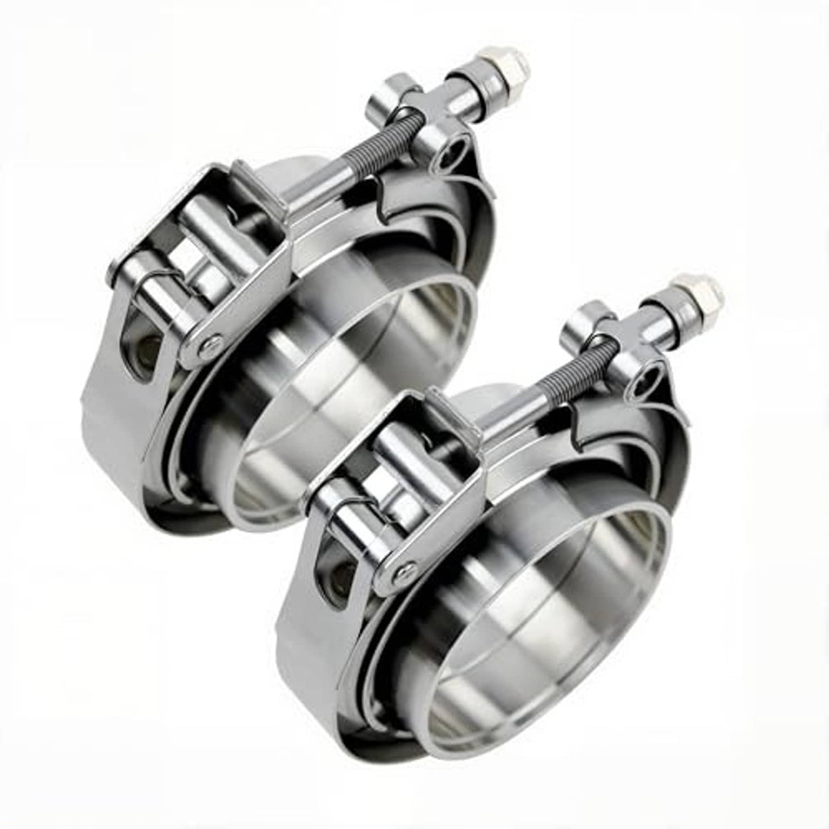 Stainless steel V-band clamp assembly with male and female flanges and threaded bolts