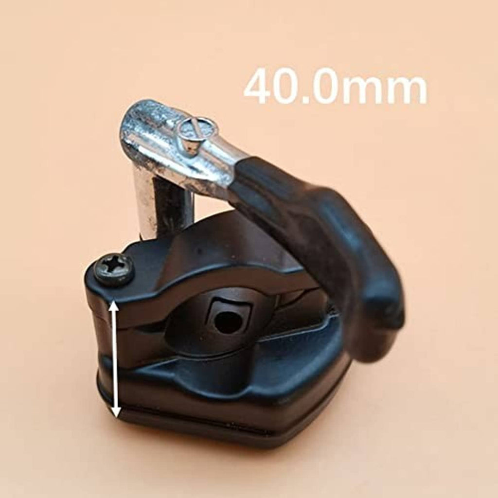 Thumb throttle with black base and curved lever, chrome cable mount end