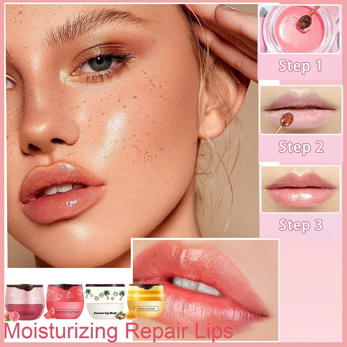 TIRDET lip mask balm shown on lips with step-by-step close-up
