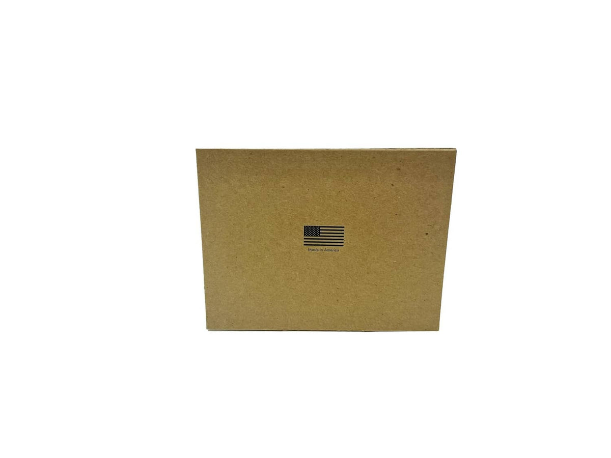 Kraft cardboard desk calendar back panel with small centered flag logo label