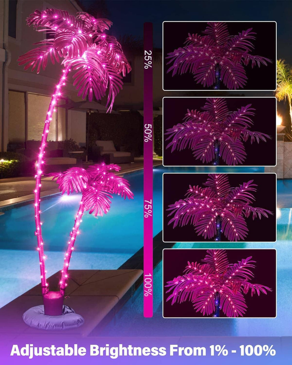 Pink-purple LED palm tree with brightness slider and three close-up lighting views