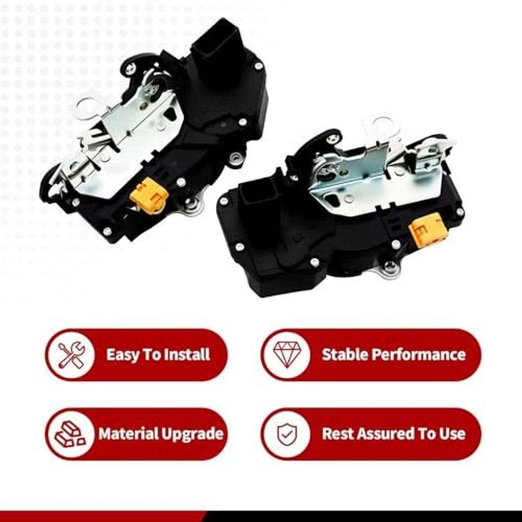 Pair of front door lock actuators with black housings, metal latch plates, and orange connectors