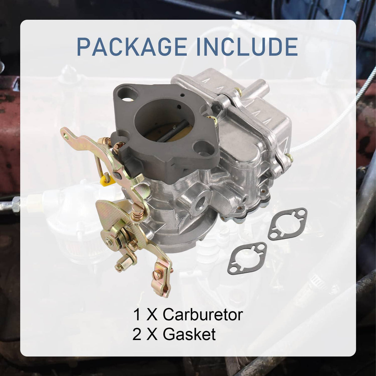Carburetor kit with 1 carburetor and 2 gaskets, silver body and brass hardware.