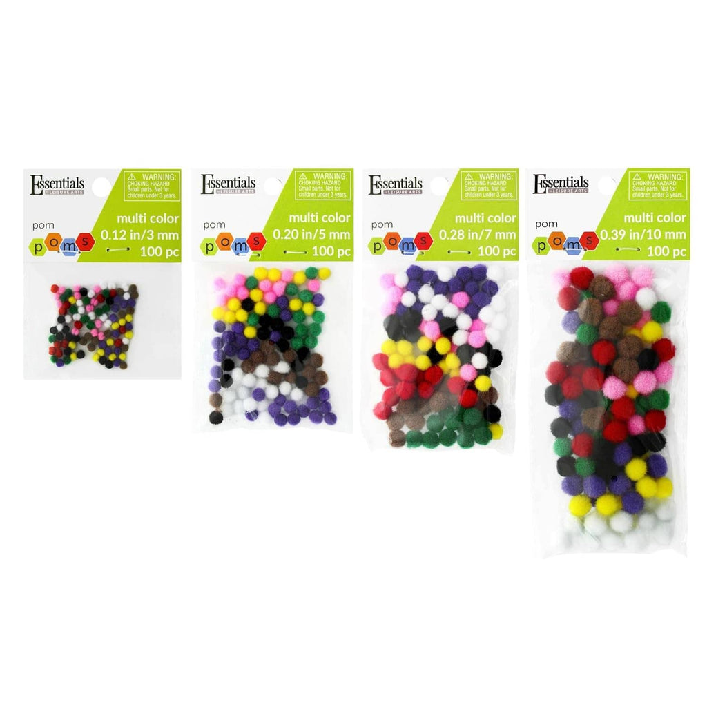 Assorted multicolor pom poms craft packs, mixed sizes in retail packaging