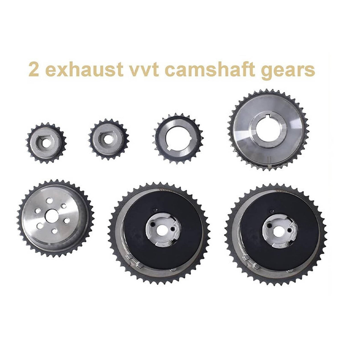 Two exhaust VVT camshaft gears set with multiple sprockets in silver and black