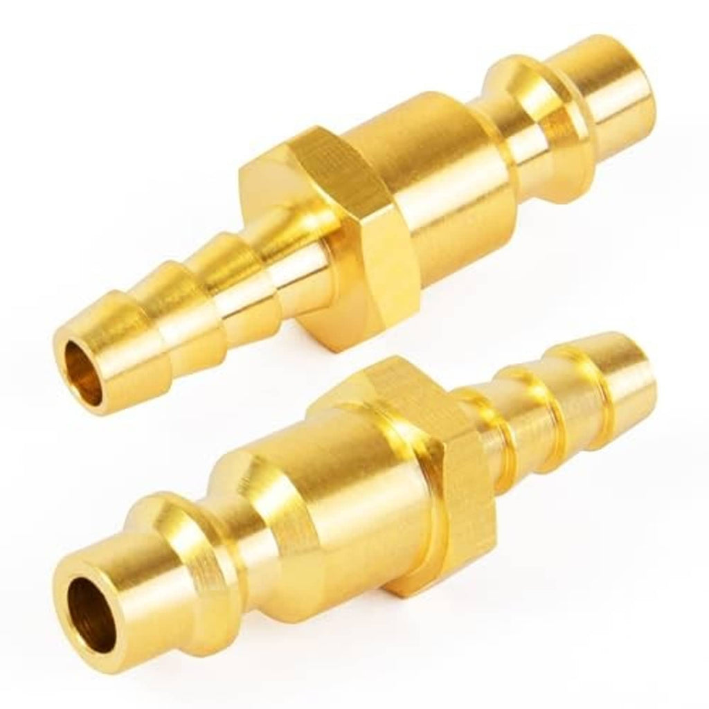 Brass hose barb fitting pair with smooth barbed connectors and threaded coupling