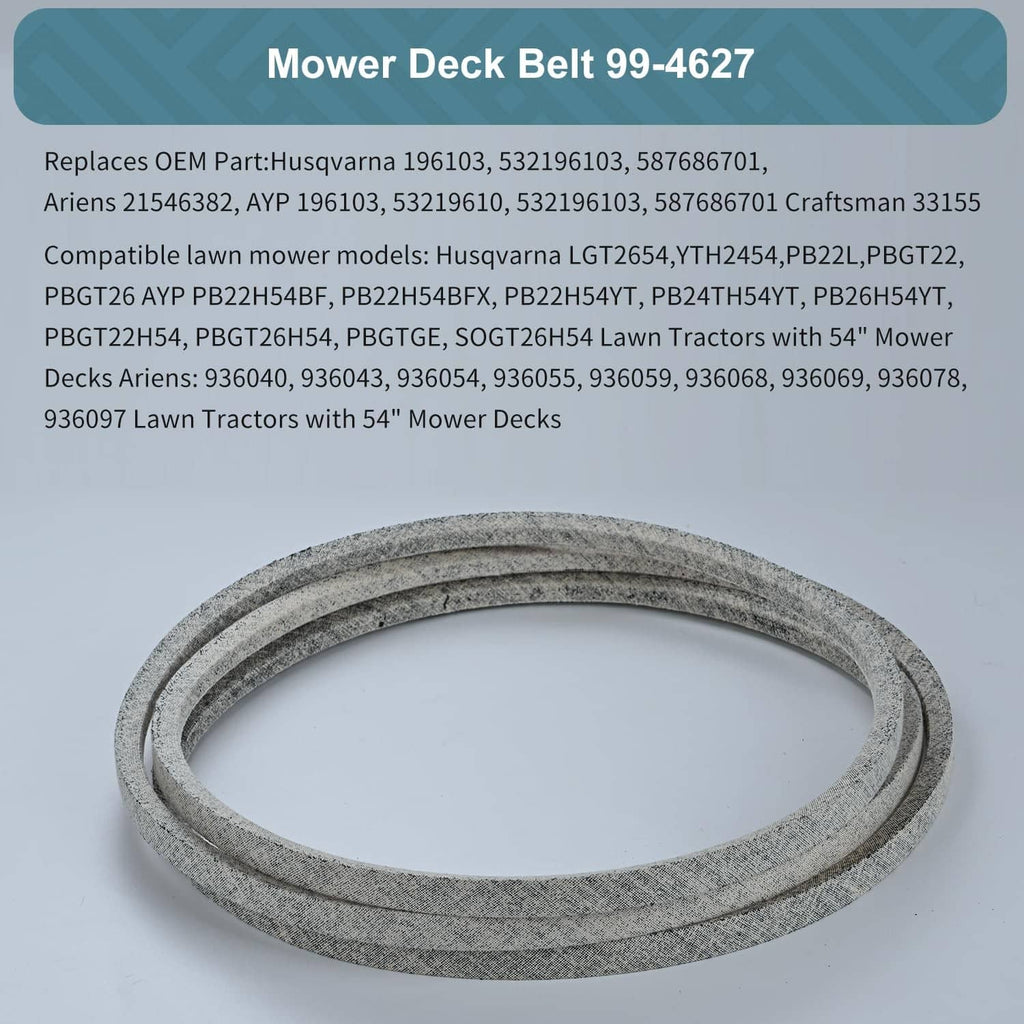 Gray mower deck belt ring, packaged item with compatibility text