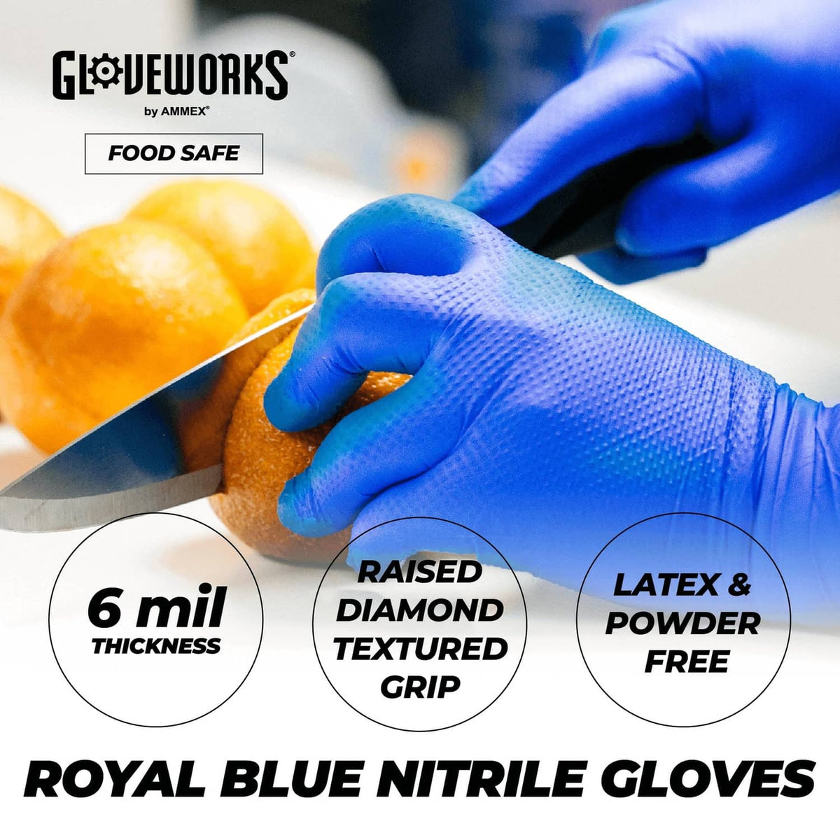 Royal blue nitrile glove with raised diamond textured grip, latex & powder-free