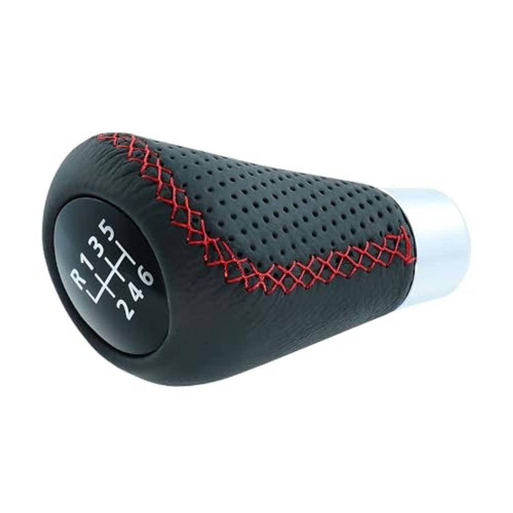 Black leather shift knob with red stitched seam, perforated sides, round top shift indicator