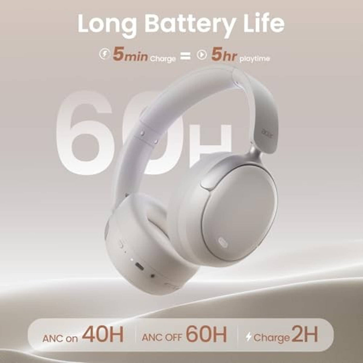 White over-ear headphones angled view with cushioned ear pads and control buttons.