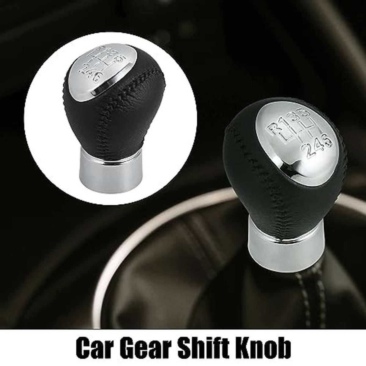 Black leather manual gear shift knob with silver top showing gear pattern and 2-4-5 marks