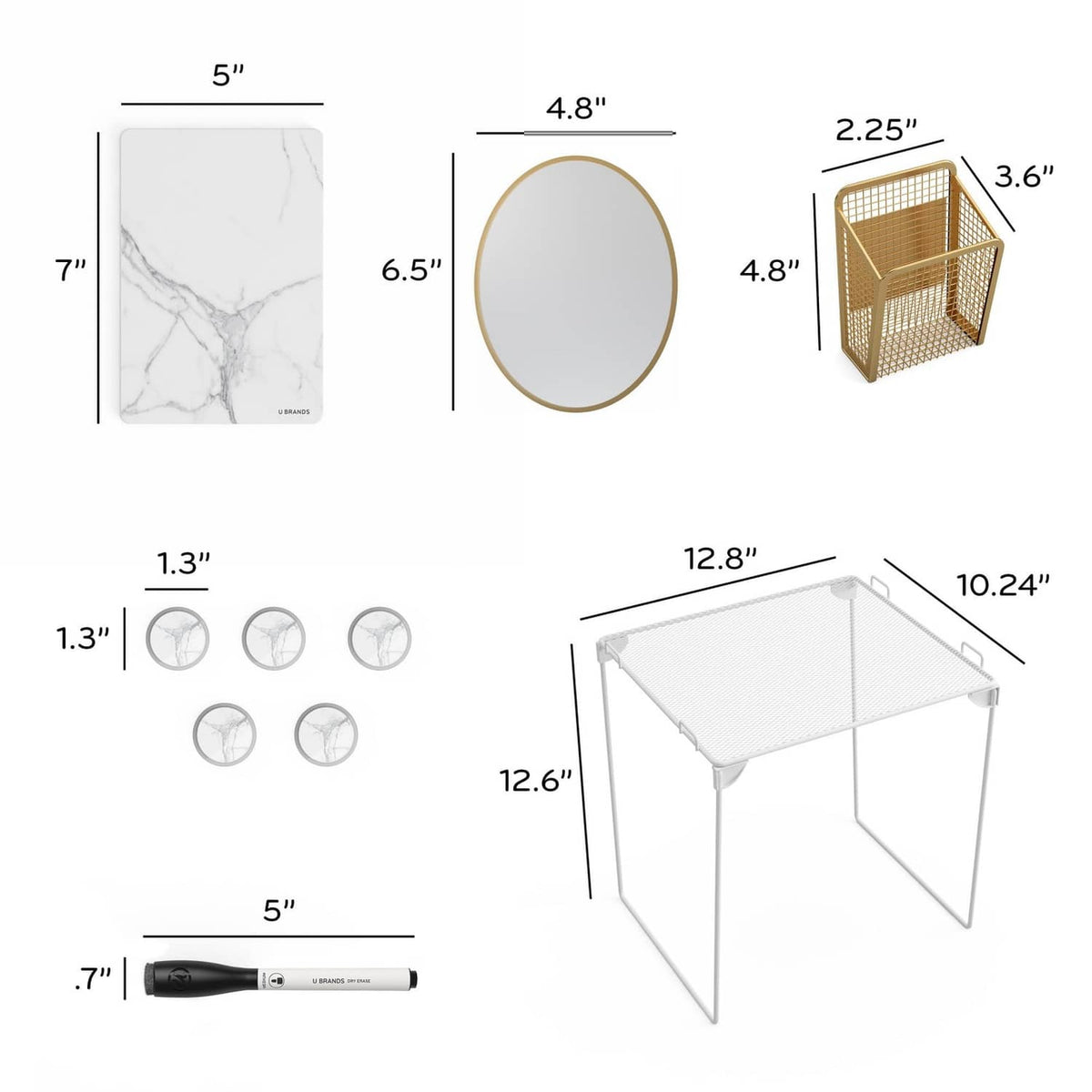 Locker organizer kit parts with size measurements: boards, mirror, magnets, and stand