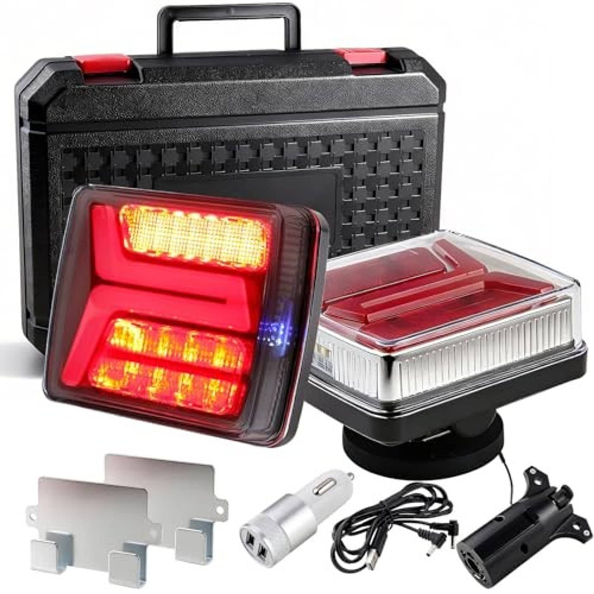 Wireless magnetic trailer rear LED light kit with red/clear lens and accessory pieces