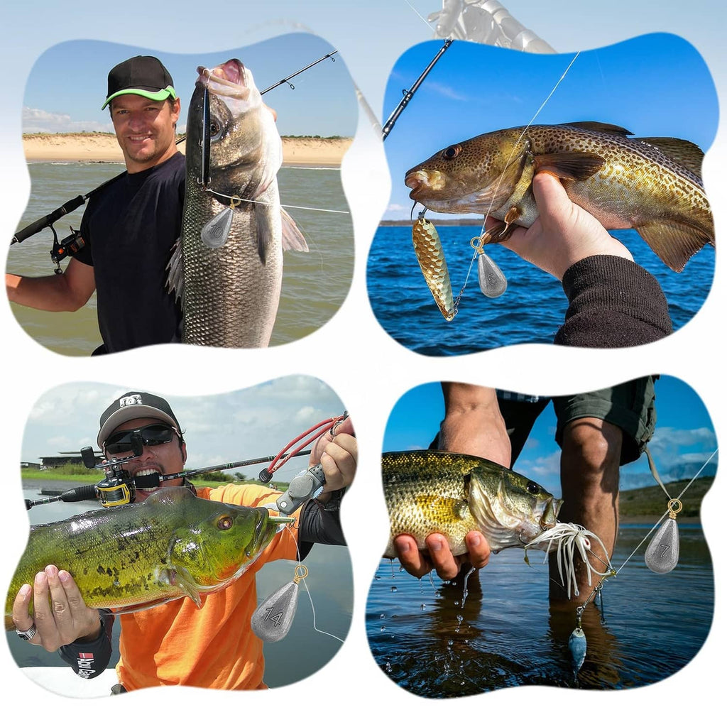 Fishing sinkers with silver droplet leads and brass rings shown while holding fish