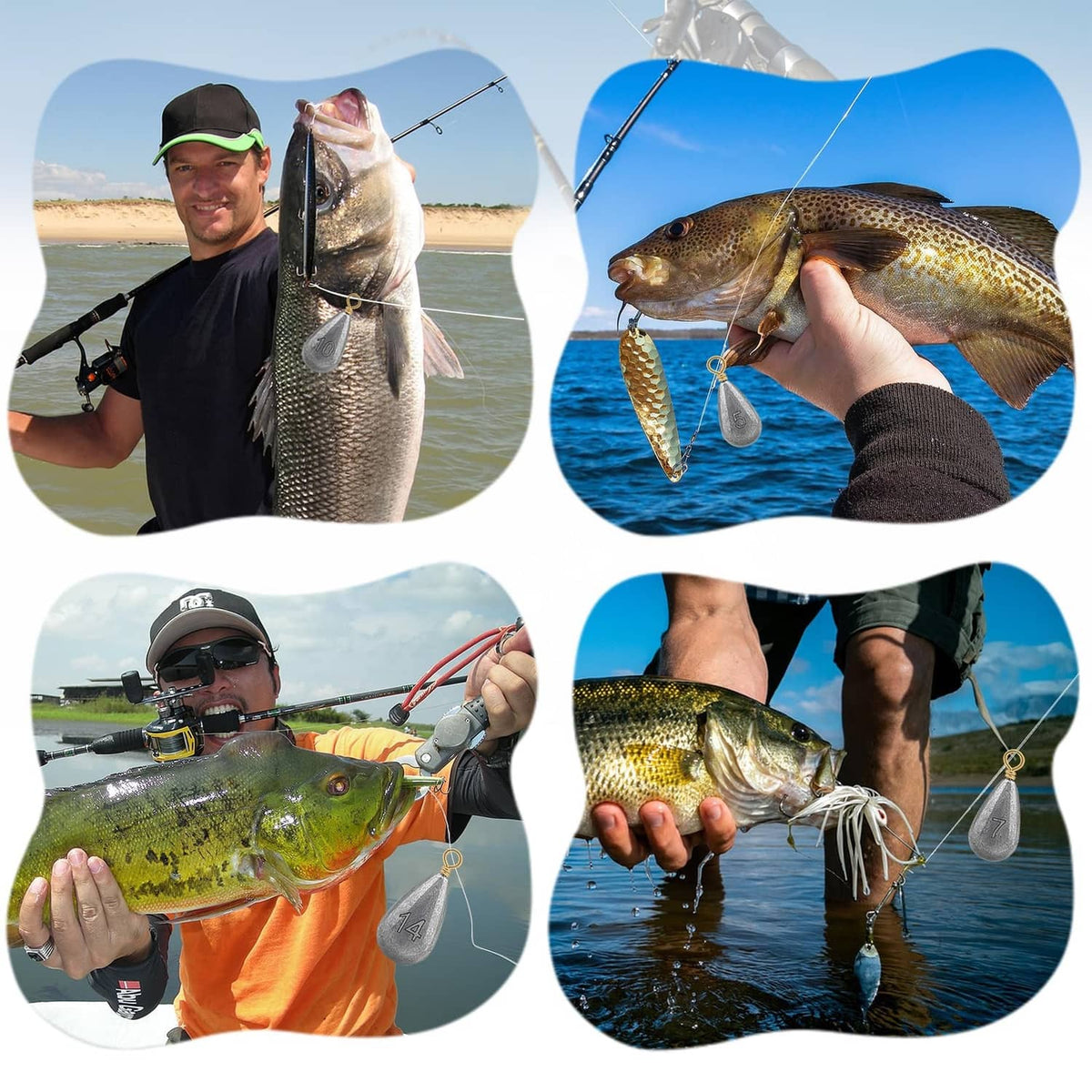 Fishing sinkers with silver droplet leads and brass rings shown while holding fish
