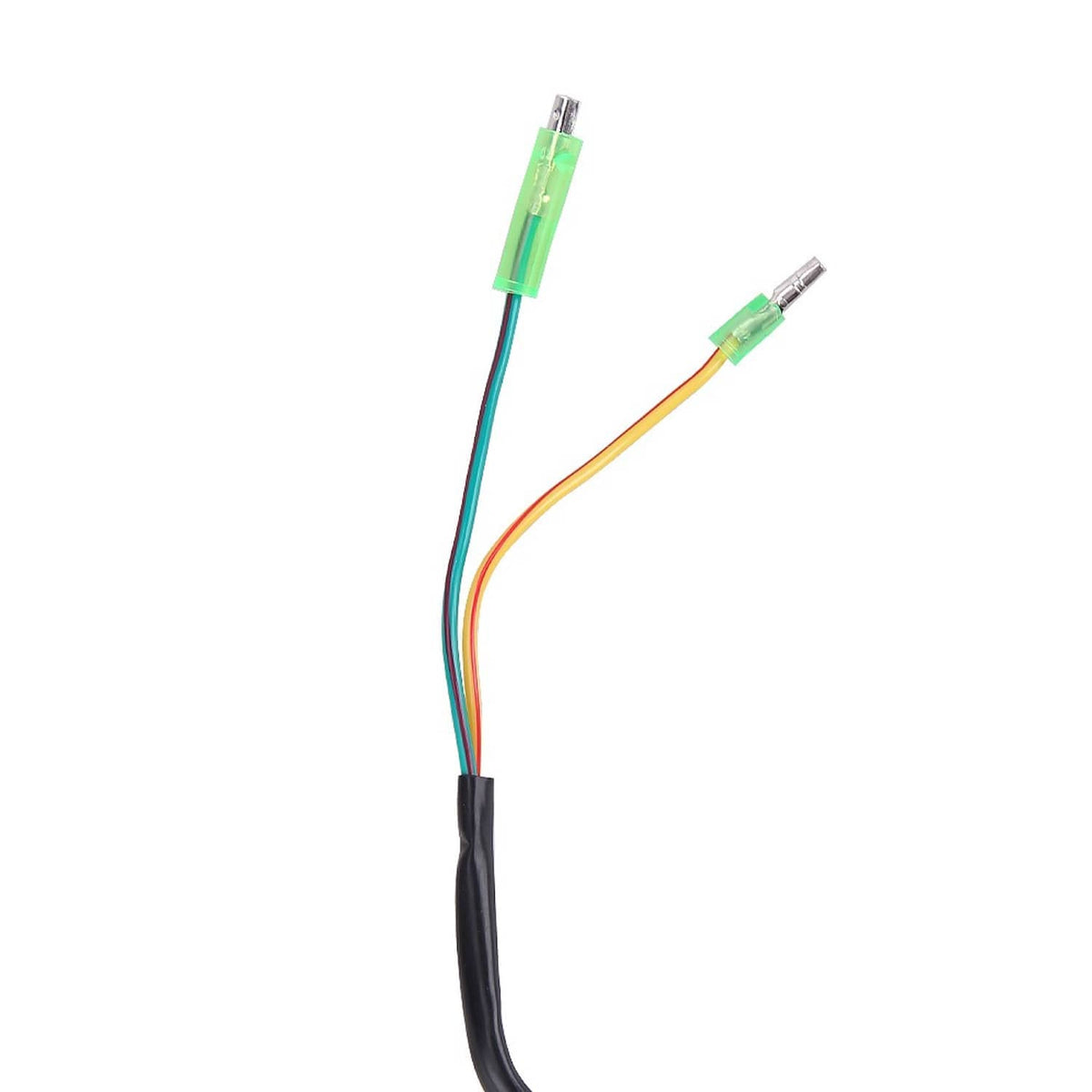 Two-pin wire harness with green connectors and multicolor leads